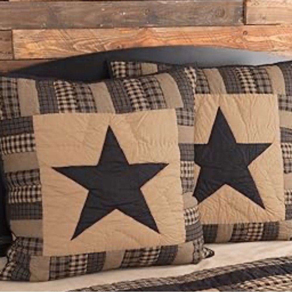 TWO VHC Brands Bingham Star Quilted Patchwork Euro Shams 26x26. Black and khaki.